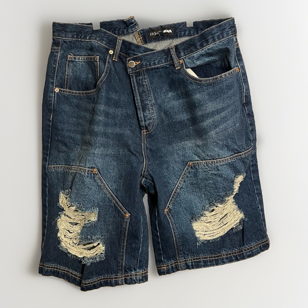 Fashionova Distressed Jean Jorts Shorts Womens 15 Crossover NWT Dark Blue